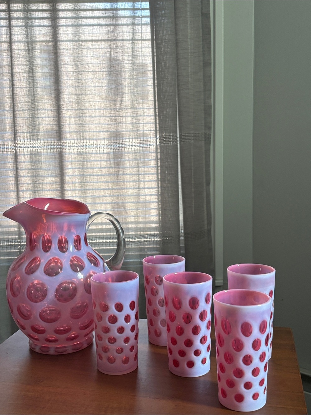 Fenton Cranberry Coin Dot Opalescent Art Glass Water Pitcher and 5 Tumblers